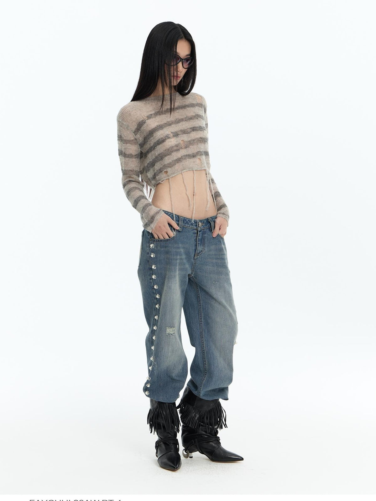 FayChui Distressed Fringe Knit Mohair Wool Women&