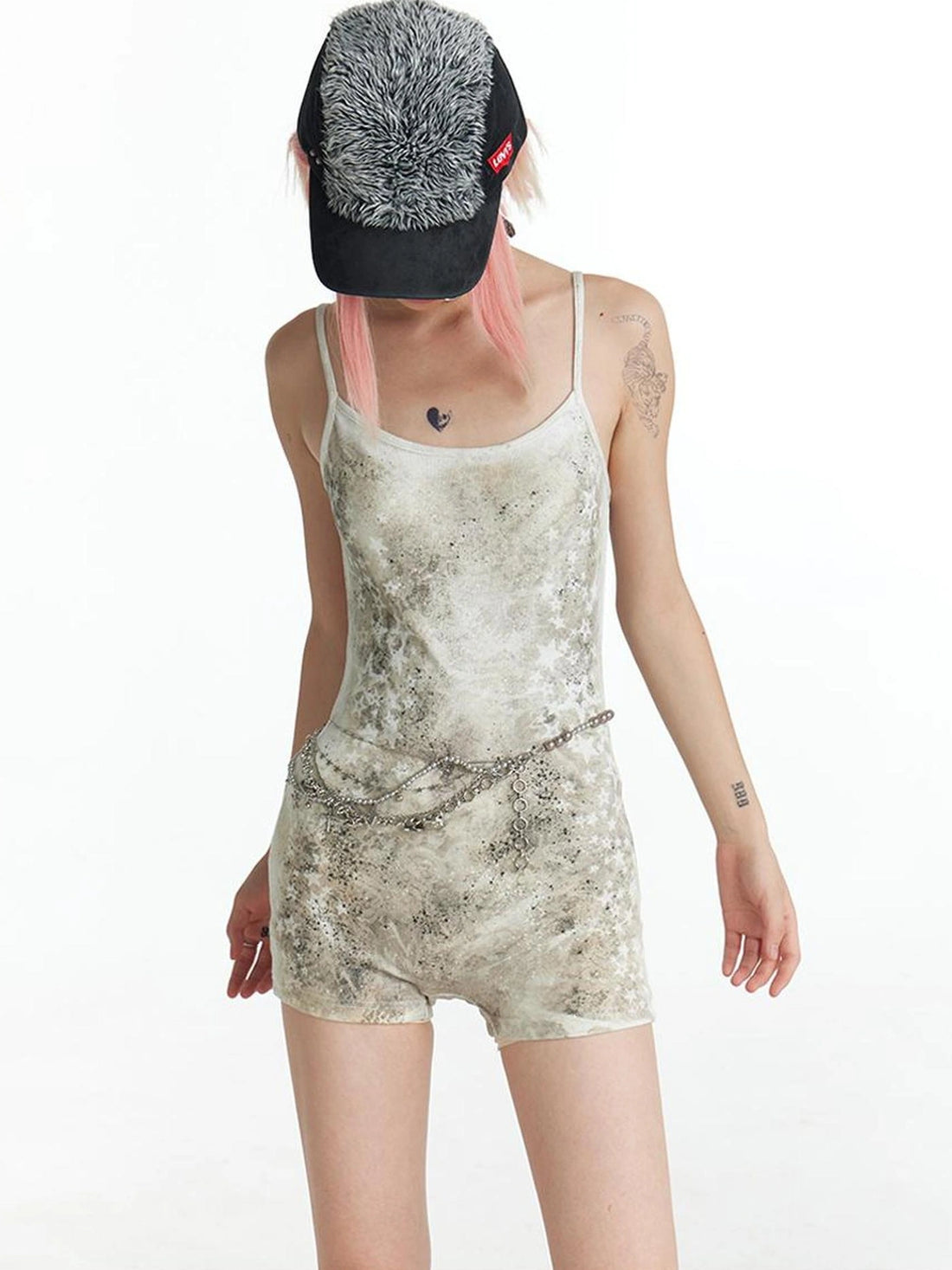 FayChui  Distressed Star Print Slim Jumpsuit V-neck T-shirt Long Sleeve