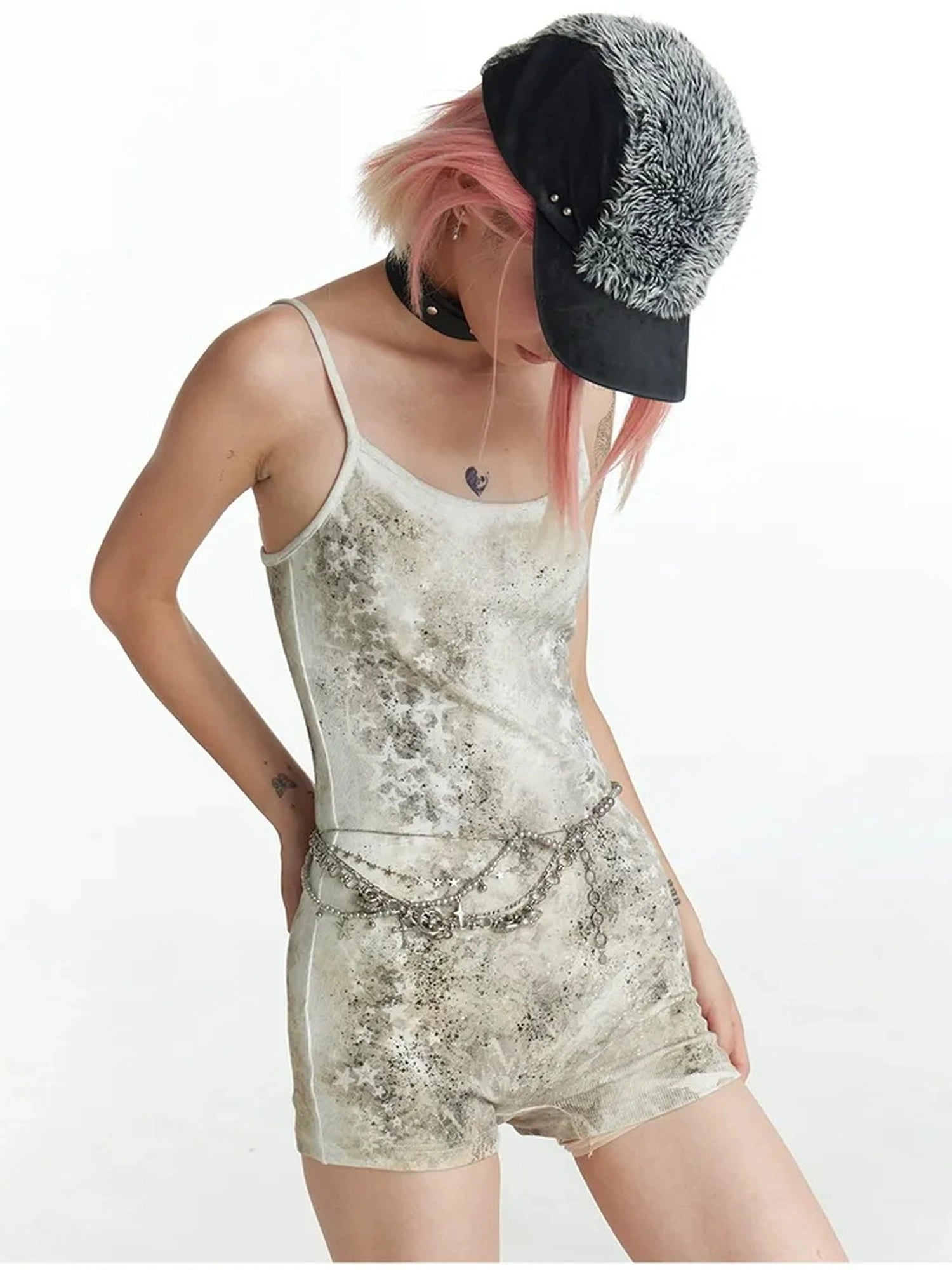 FayChui  Distressed Star Print Slim Jumpsuit V-neck T-shirt Long Sleeve