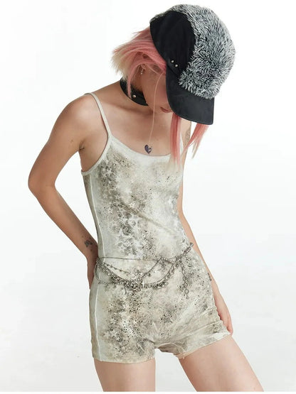 FayChui  Distressed Star Print Slim Jumpsuit V-neck T-shirt Long Sleeve