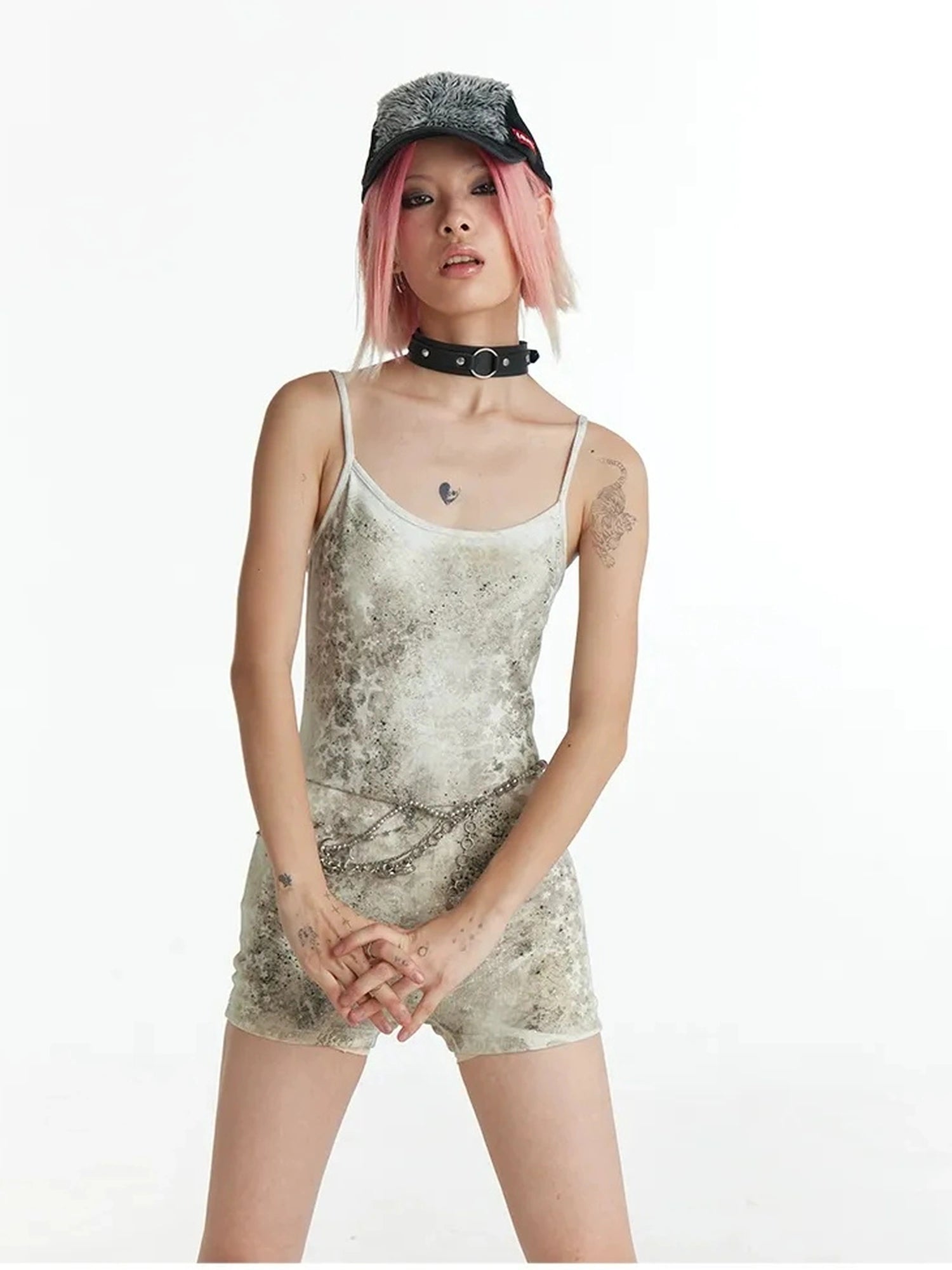 FayChui  Distressed Star Print Slim Jumpsuit V-neck T-shirt Long Sleeve