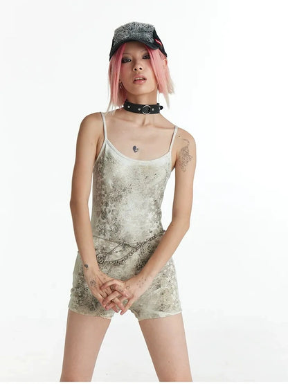FayChui  Distressed Star Print Slim Jumpsuit V-neck T-shirt Long Sleeve