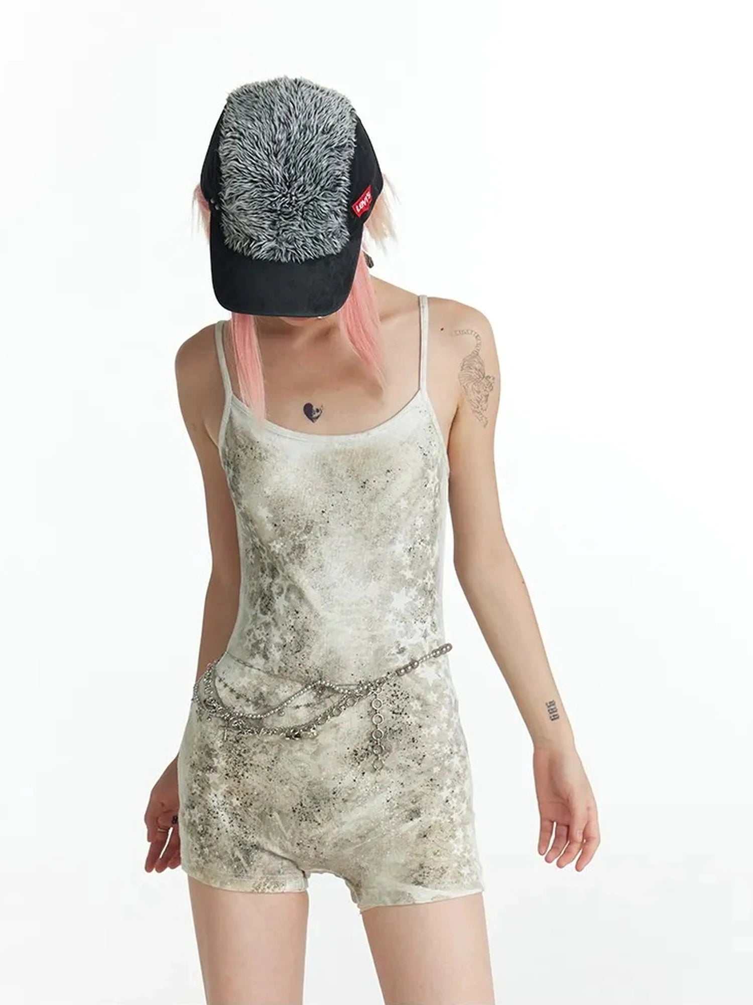 FayChui  Distressed Star Print Slim Jumpsuit V-neck T-shirt Long Sleeve