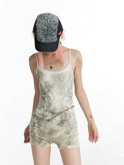FayChui  Distressed Star Print Slim Jumpsuit V-neck T-shirt Long Sleeve