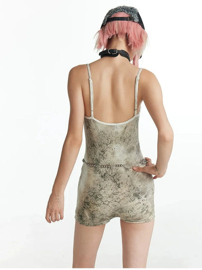 FayChui  Distressed Star Print Slim Jumpsuit V-neck T-shirt Long Sleeve