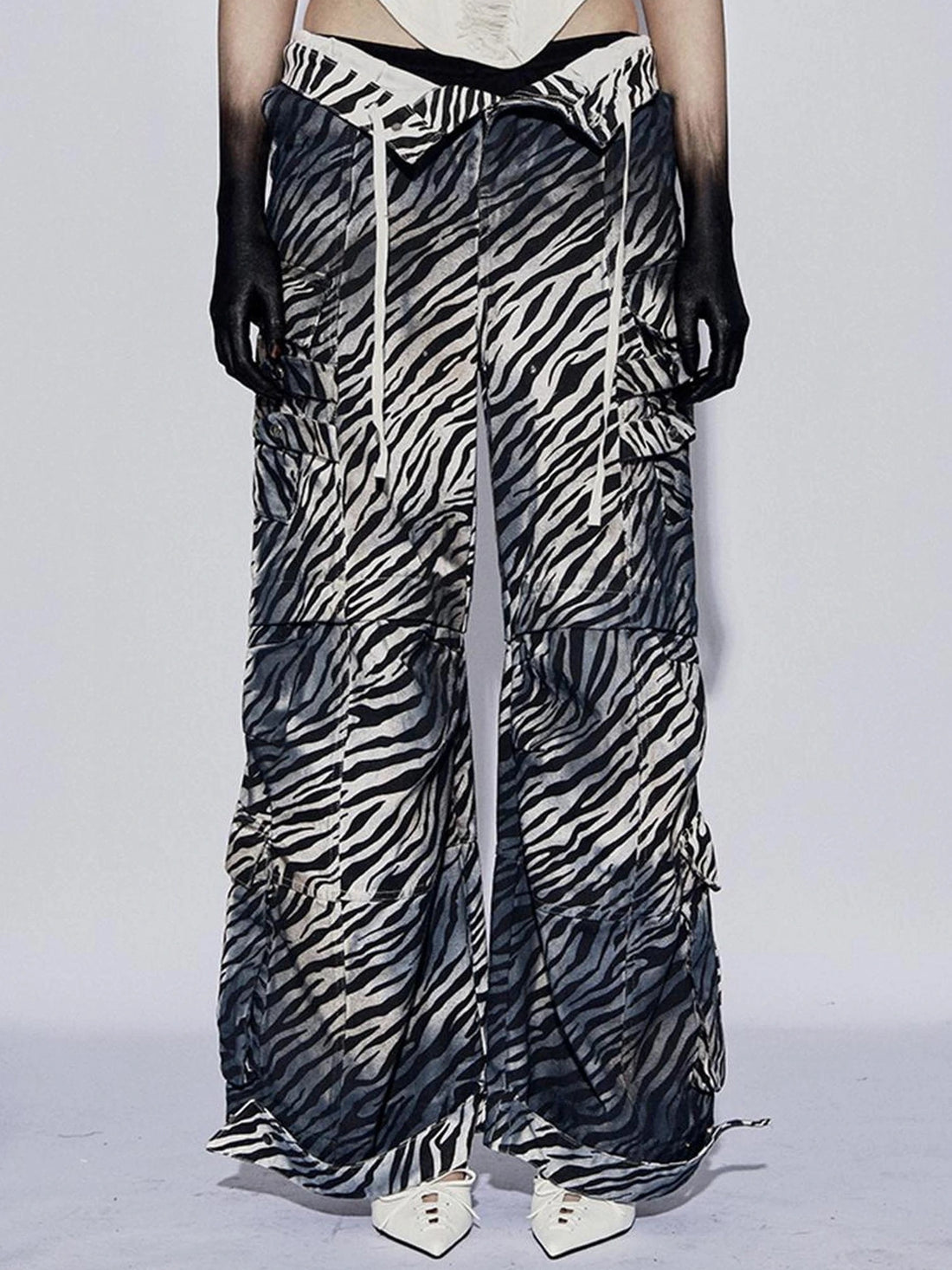 FayChui Distressed Zebra Print Low Rise Cargo Pants