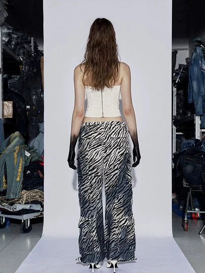 FayChui Distressed Zebra Print Low Rise Cargo Pants