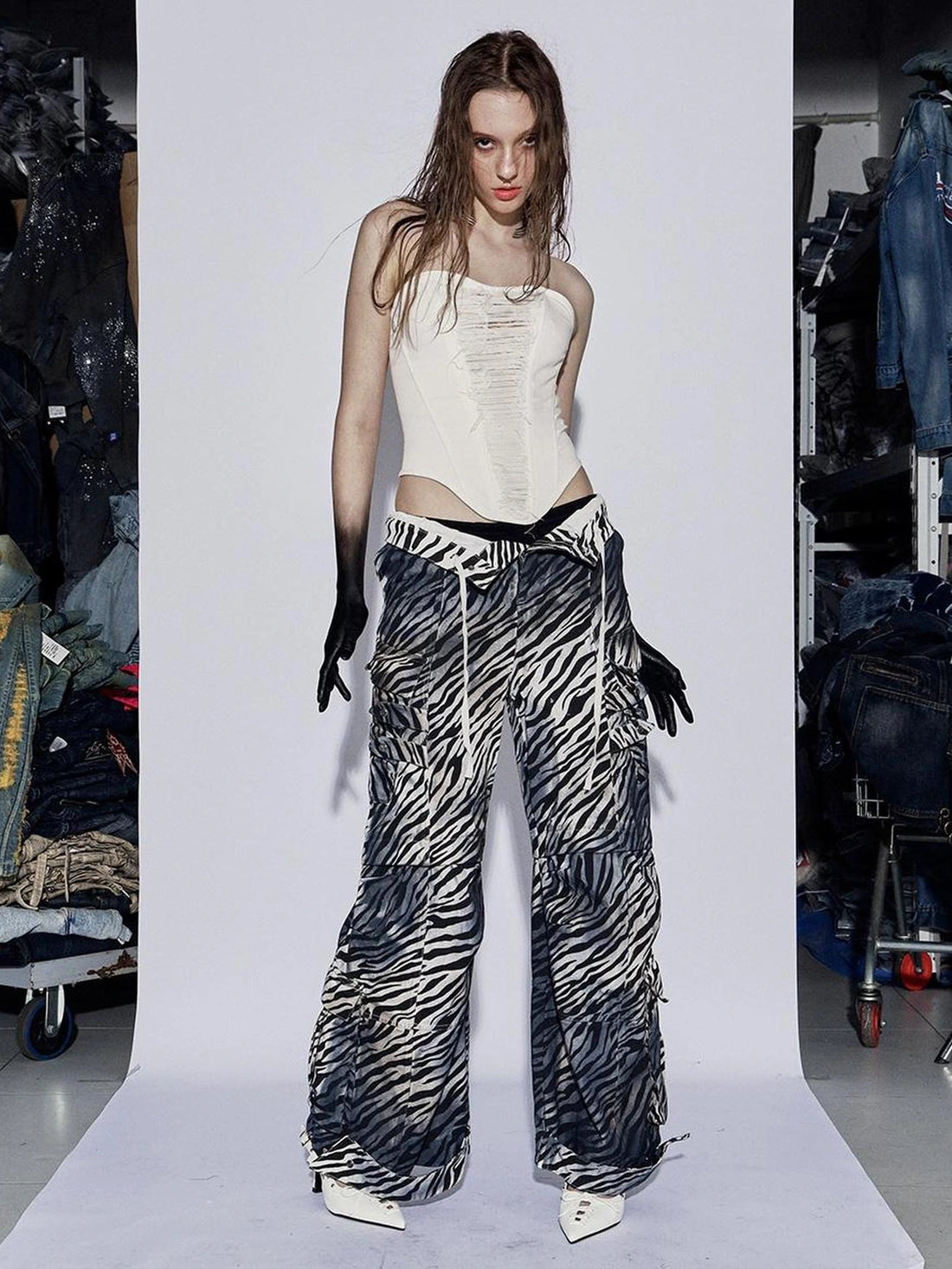 FayChui Distressed Zebra Print Low Rise Cargo Pants
