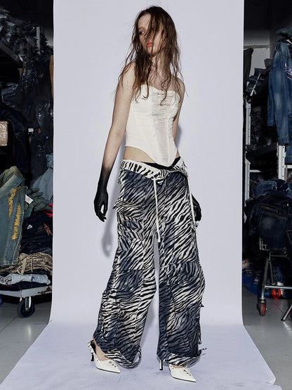 FayChui Distressed Zebra Print Low Rise Cargo Pants