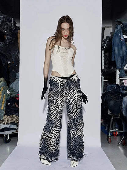 FayChui Distressed Zebra Print Low Rise Cargo Pants