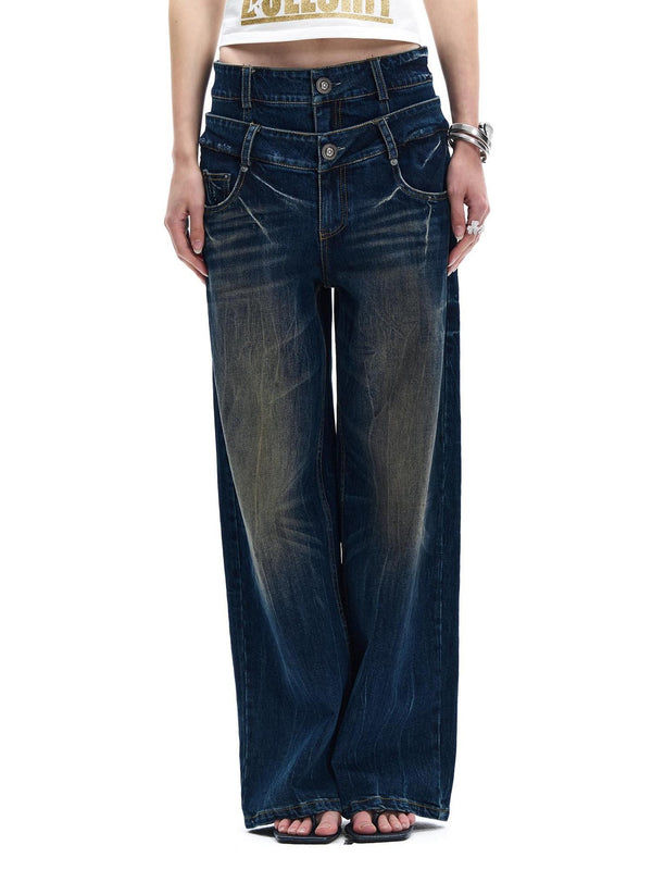 Double Waist Lightning Washed Distressed Women's Cotton Wide-leg Jeans