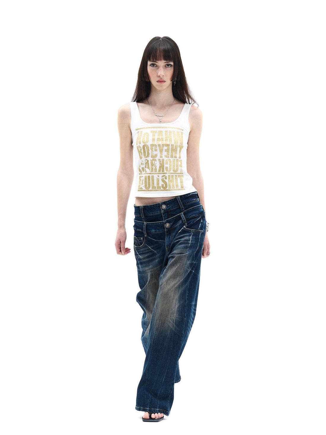 FayChui Double Waist Lightning Washed Distressed Women&