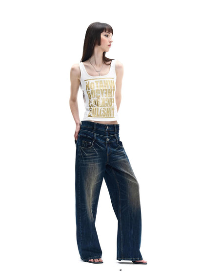 FayChui Double Waist Lightning Washed Distressed Women&