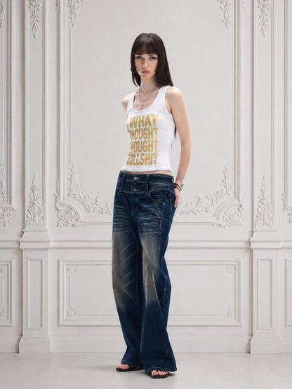 FayChui Double Waist Lightning Washed Distressed Women&