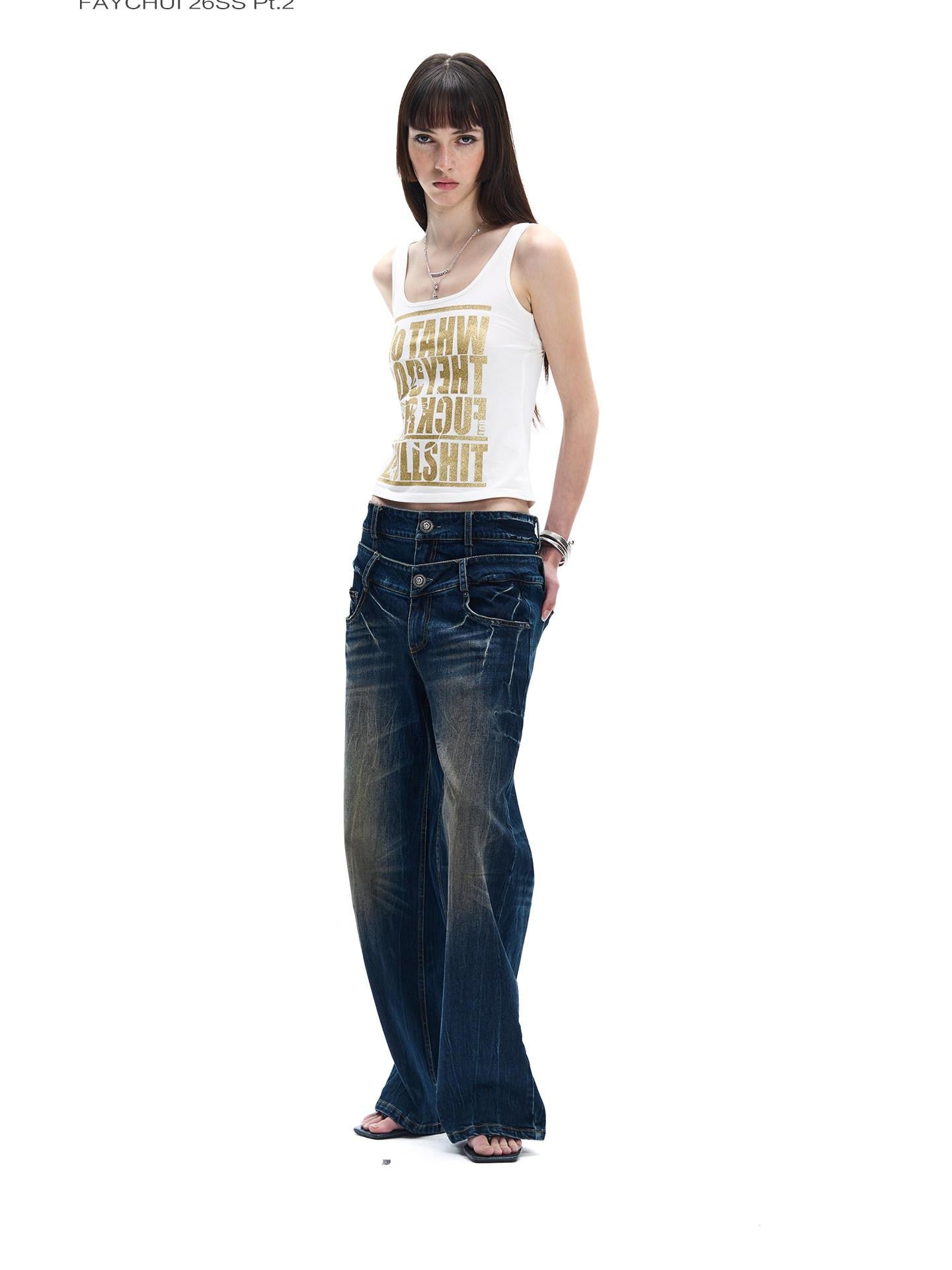 FayChui Double Waist Lightning Washed Distressed Women&
