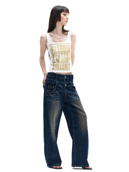 FayChui Double Waist Lightning Washed Distressed Women&