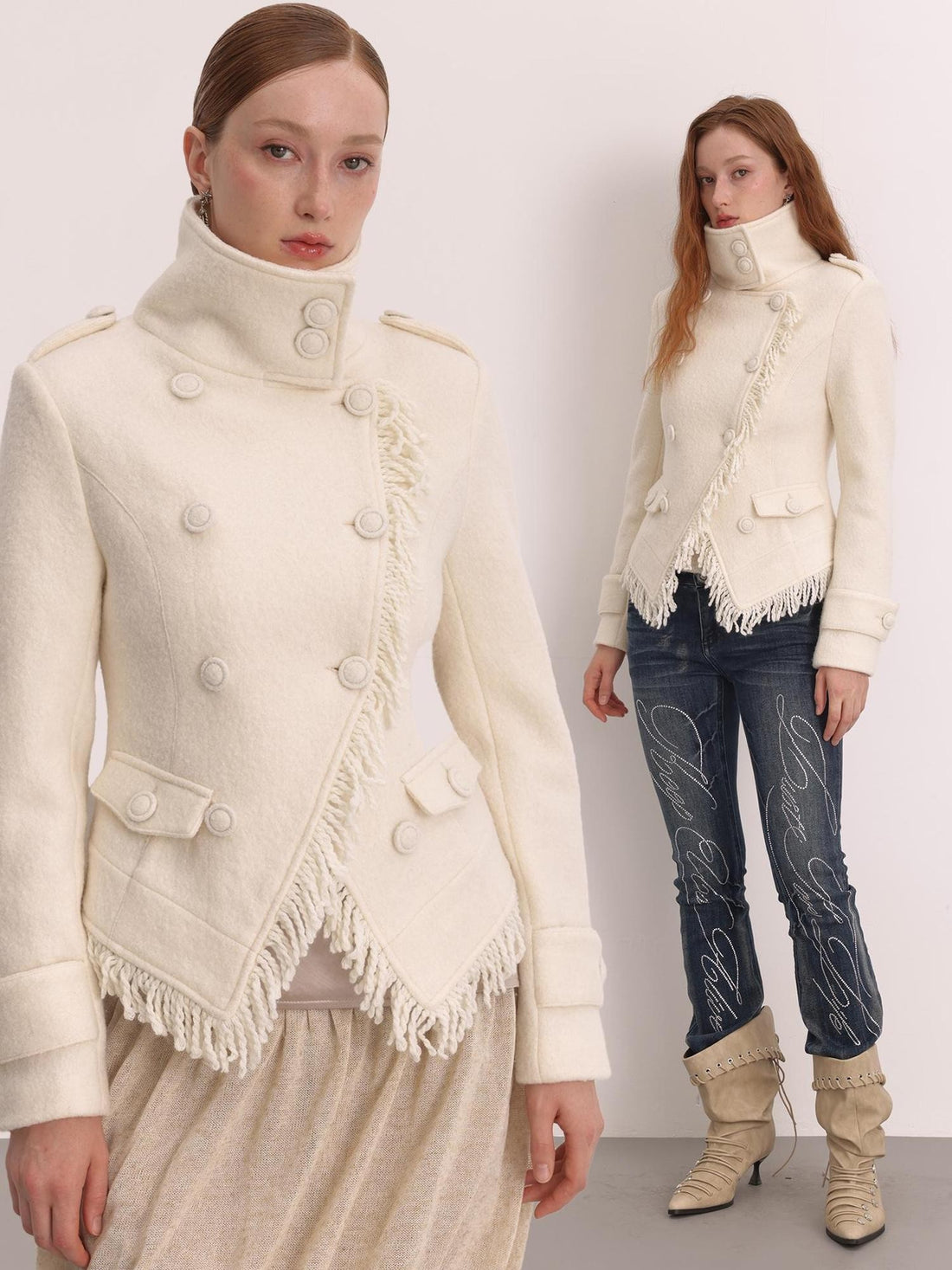 FayChui Elegant Fringe Double Breasted Stand Collar Wool Women&