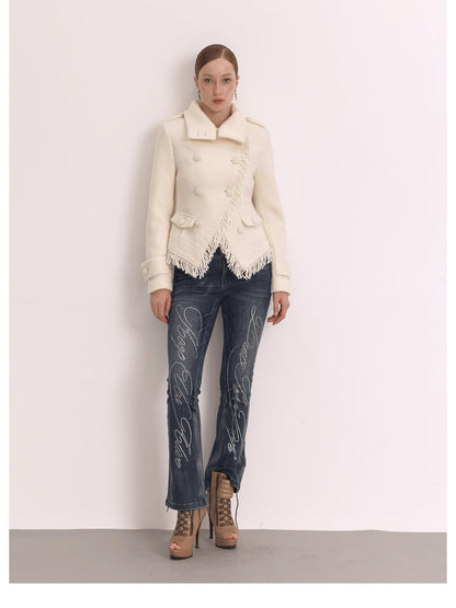 FayChui Elegant Fringe Double Breasted Stand Collar Wool Women&