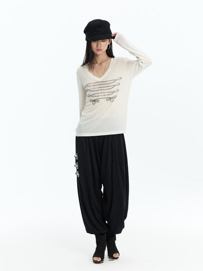 FayChui Embroidered Metal Detail Palace Style Low Waist Cotton Women&