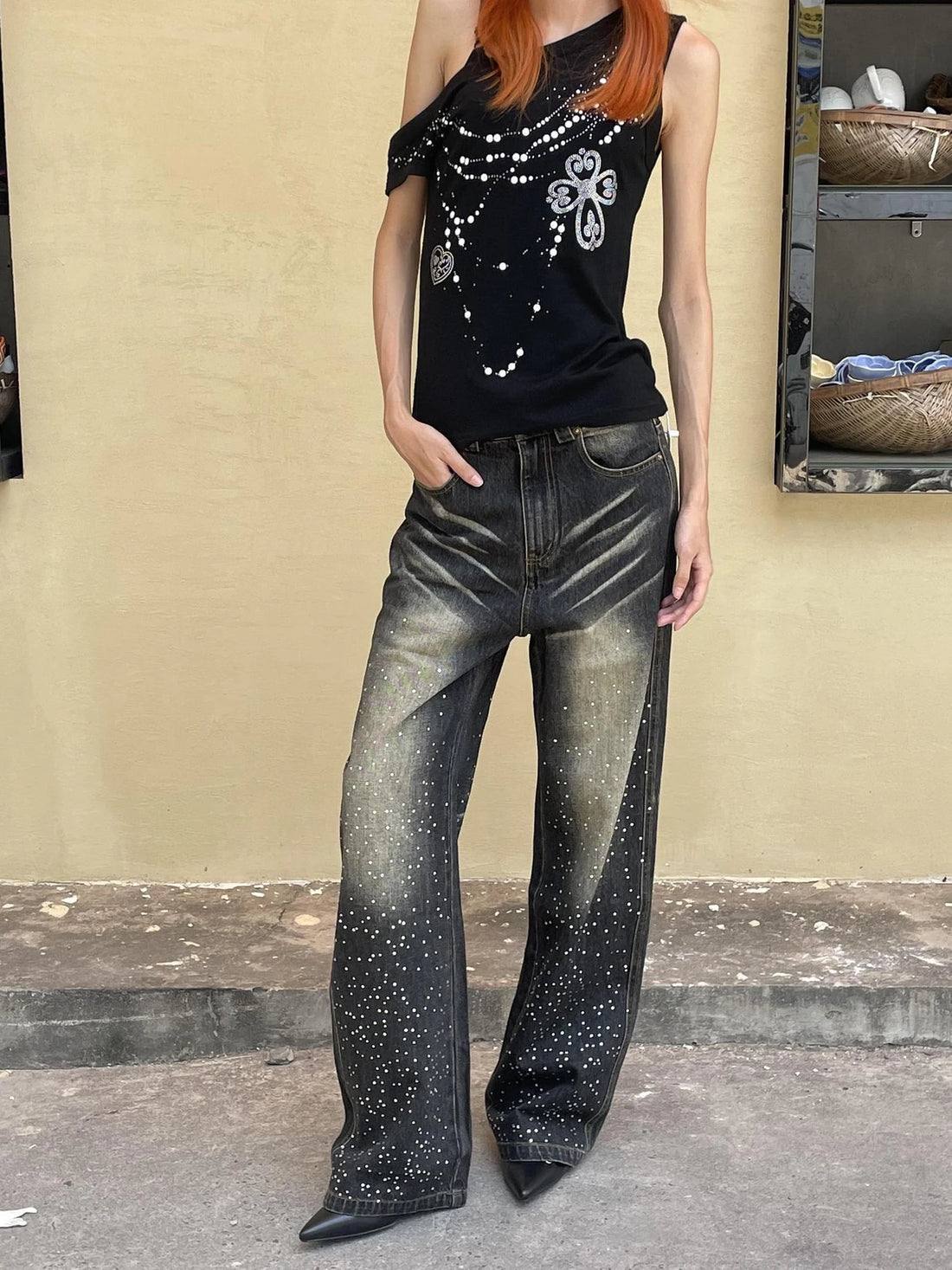 FayChui  Faychui Embroidered Rhinestone Flared Jeans