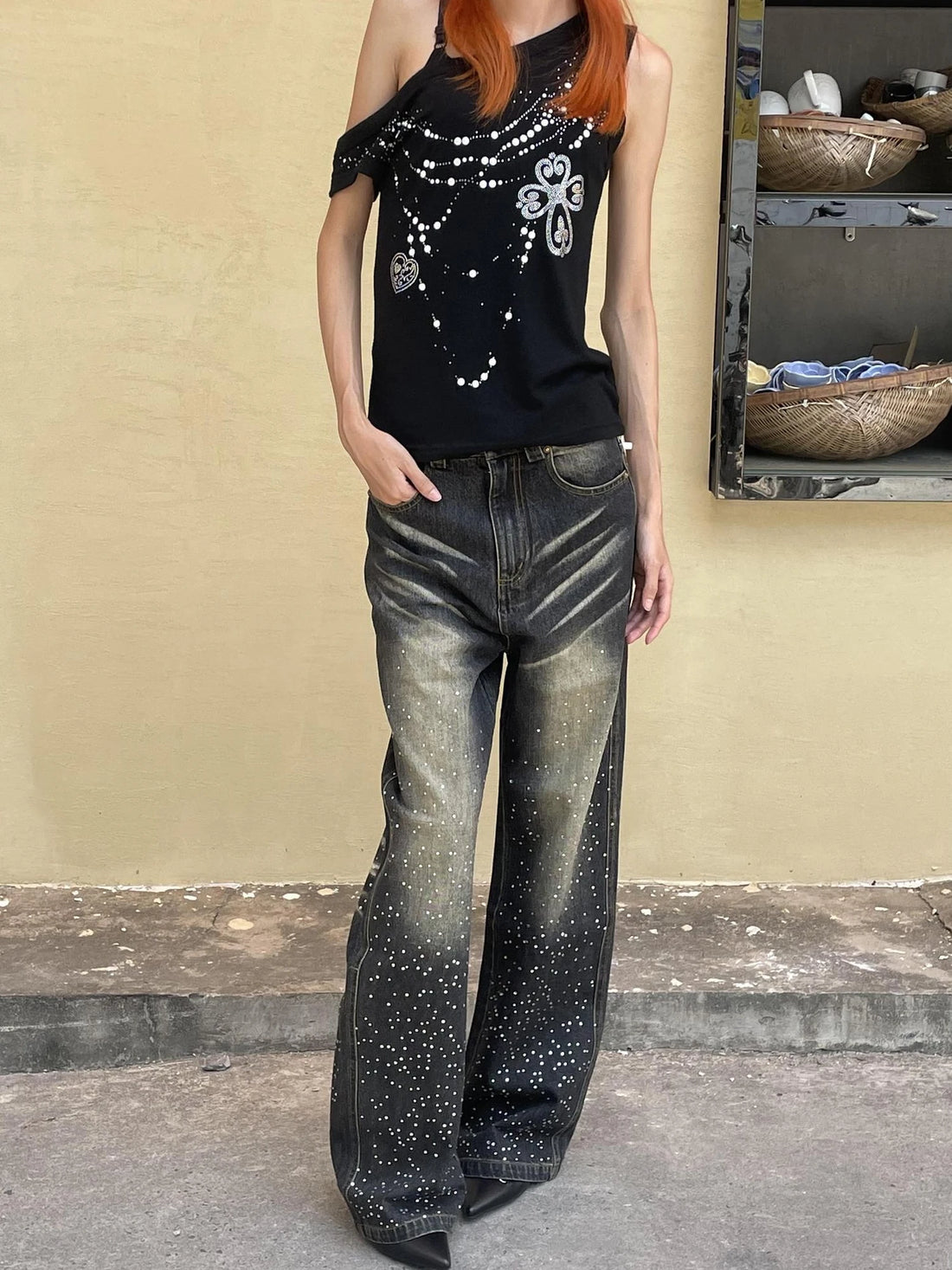 FayChui  Faychui Embroidered Rhinestone Flared Jeans