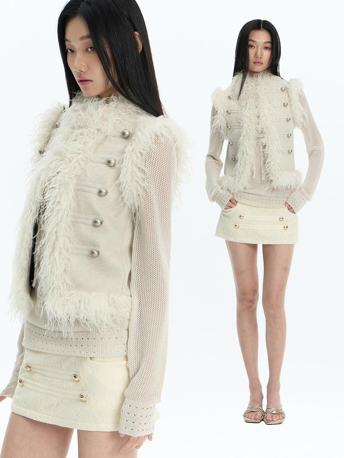 FayChui Feather Trim Court Style Stand Collar Spliced Wool Women&