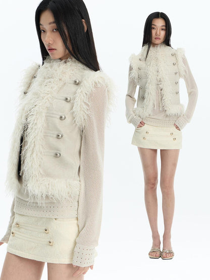 FayChui Feather Trim Court Style Stand Collar Spliced Wool Women&