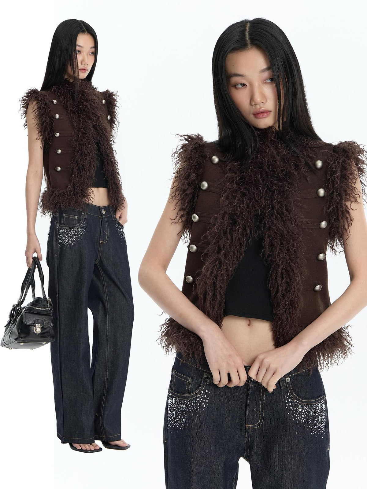 FayChui Feather Trim Court Style Stand Collar Spliced Wool Women&