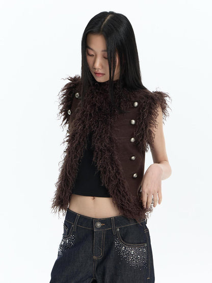 FayChui Feather Trim Court Style Stand Collar Spliced Wool Women&