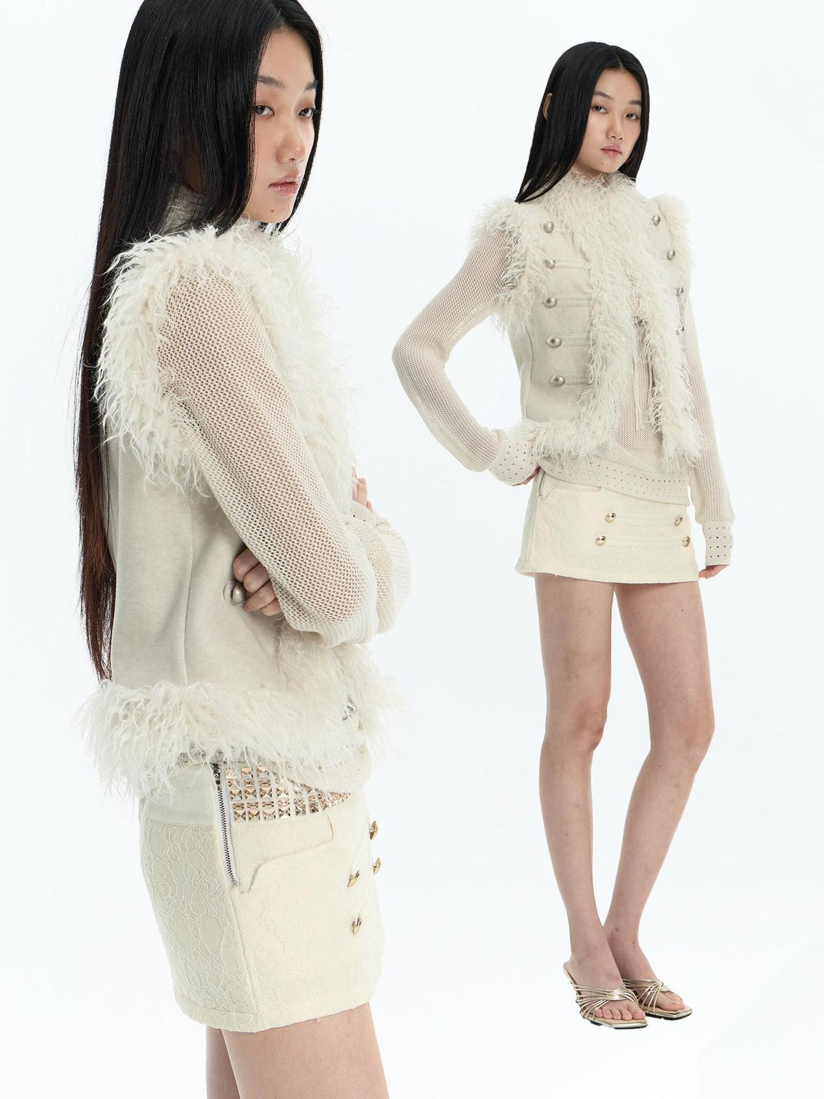 FayChui Feather Trim Court Style Stand Collar Spliced Wool Women&