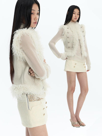 FayChui Feather Trim Court Style Stand Collar Spliced Wool Women&