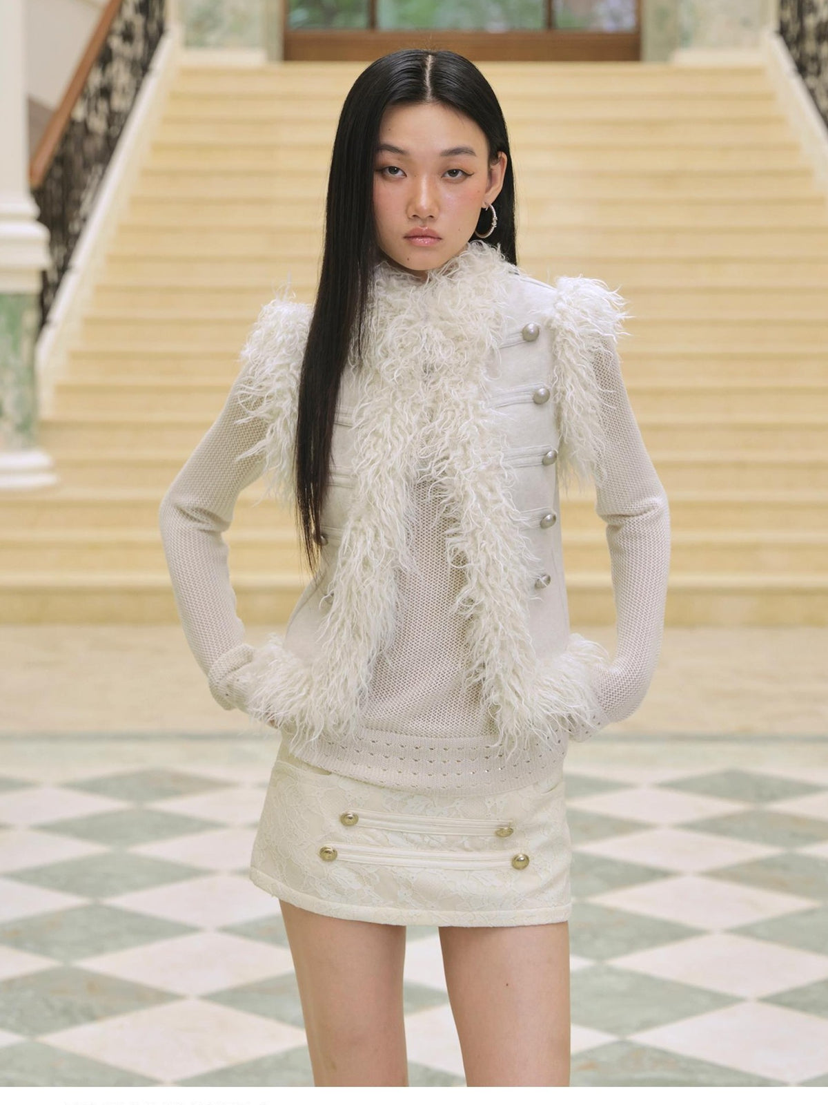FayChui Feather Trim Court Style Stand Collar Spliced Wool Women&