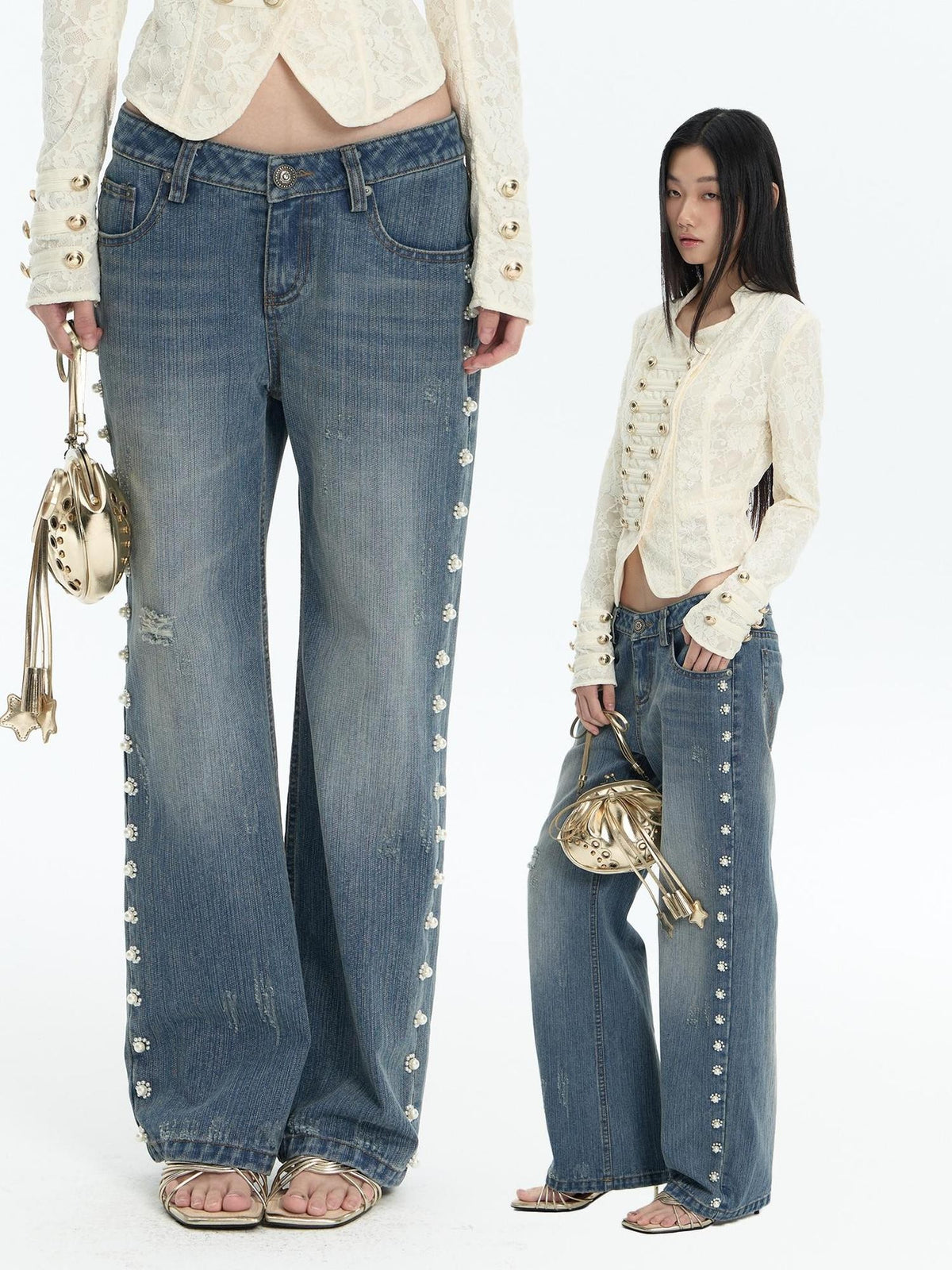 FayChui Floral Beaded Washed Distressed Low Rise Women&