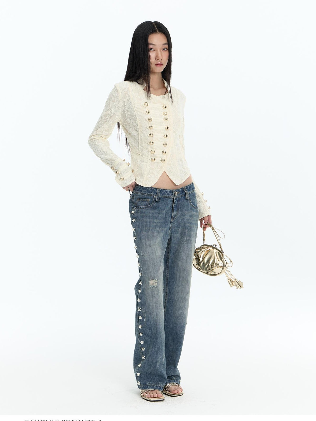 FayChui Floral Beaded Washed Distressed Low Rise Women&