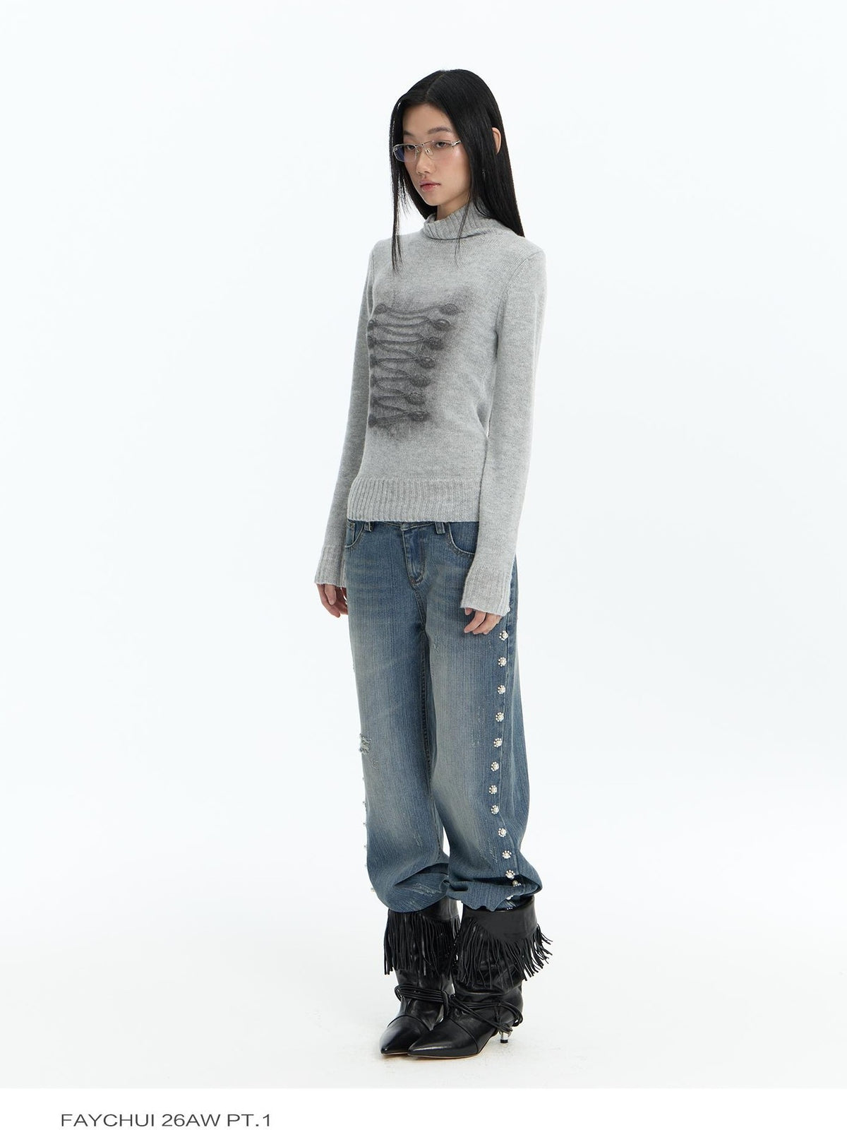 FayChui Floral Beaded Washed Distressed Low Rise Women&