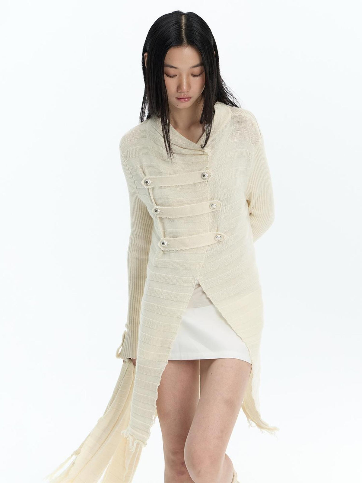 FayChui Fringe Knit V-neck Long Sleeve Women&