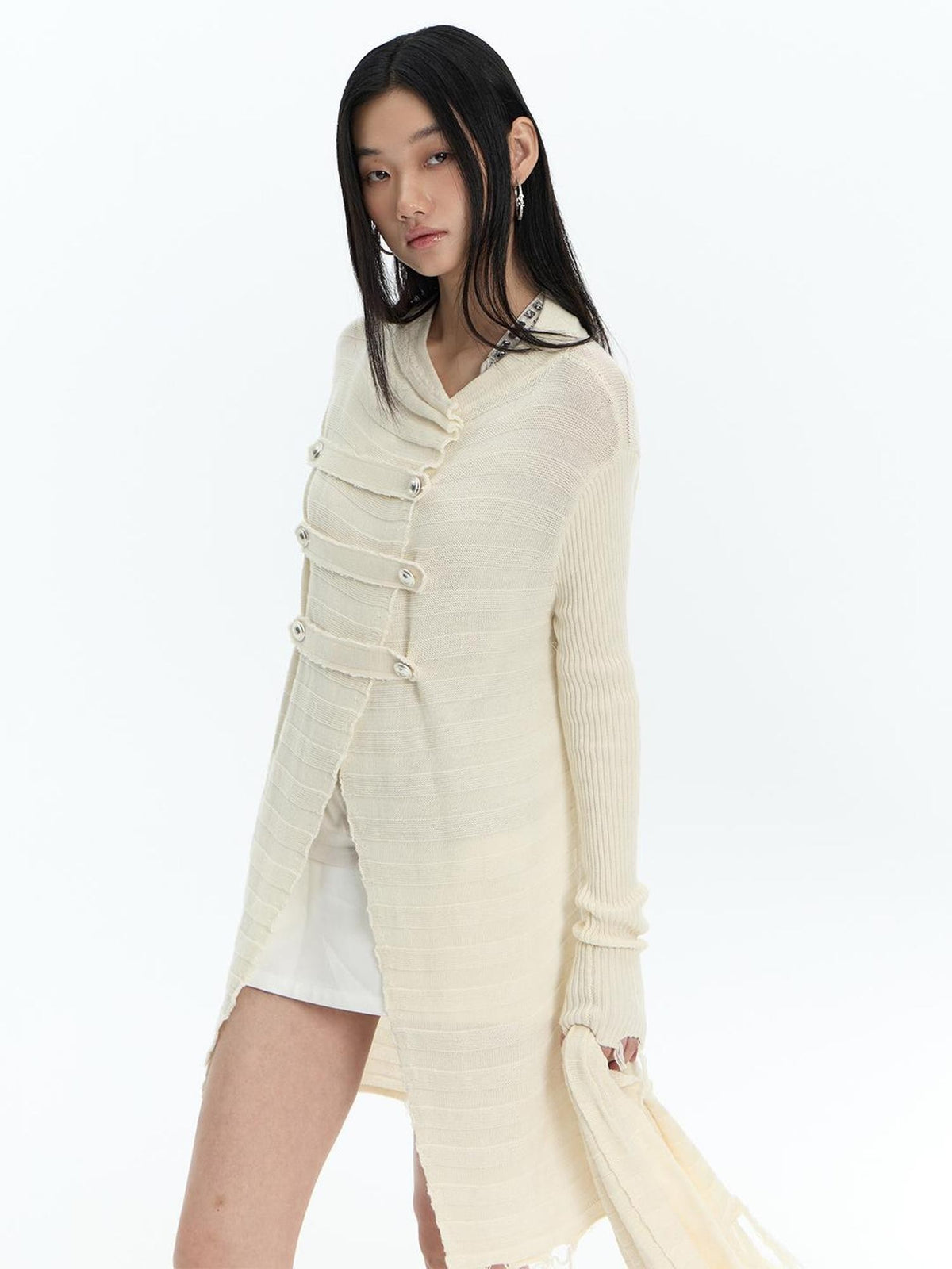 FayChui Fringe Knit V-neck Long Sleeve Women&