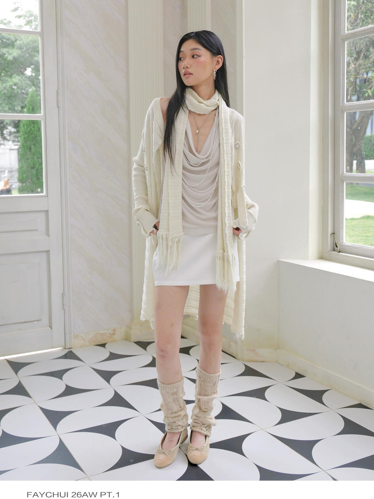 FayChui Fringe Knit V-neck Long Sleeve Women&