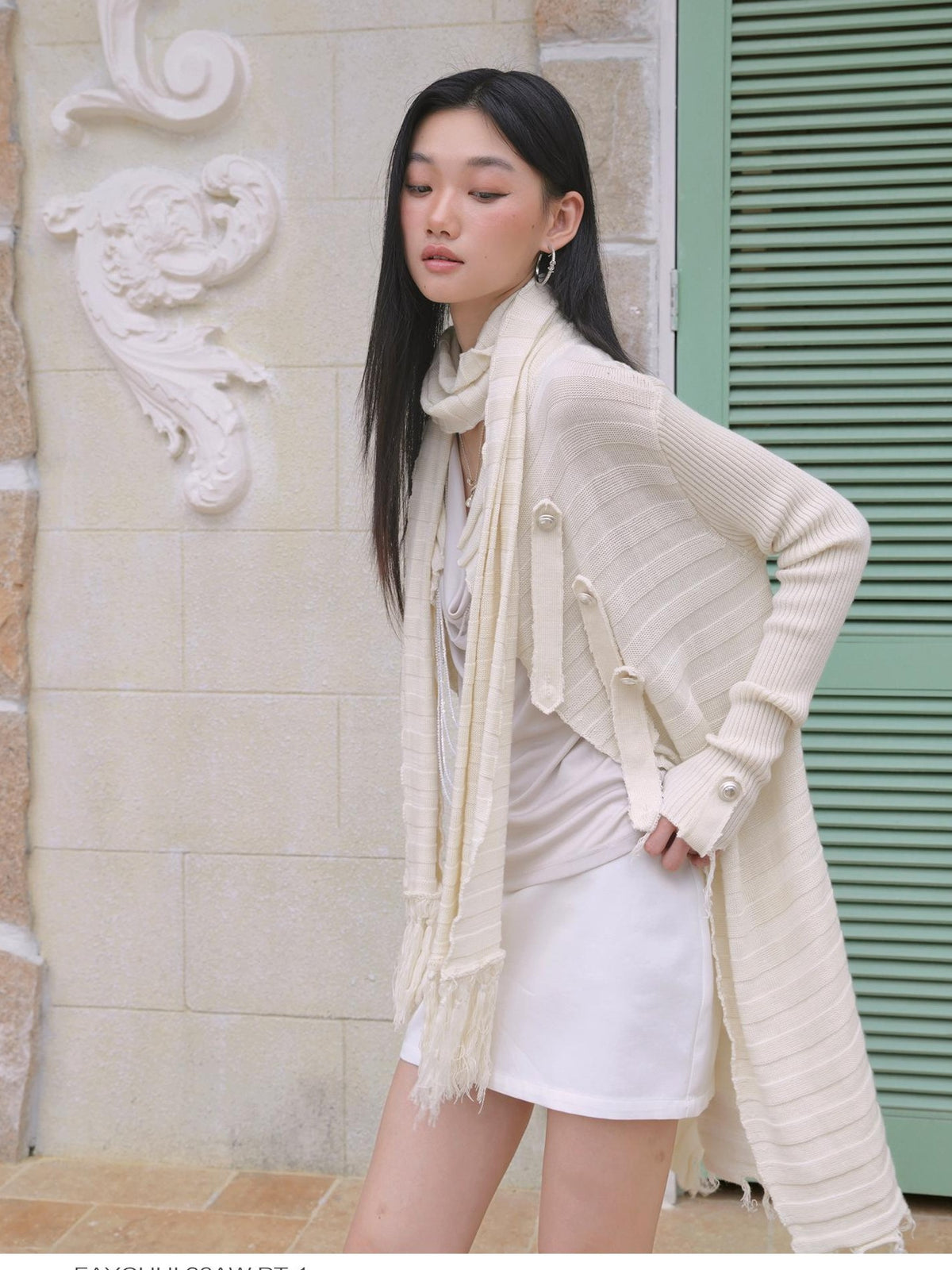 FayChui Fringe Knit V-neck Long Sleeve Women&