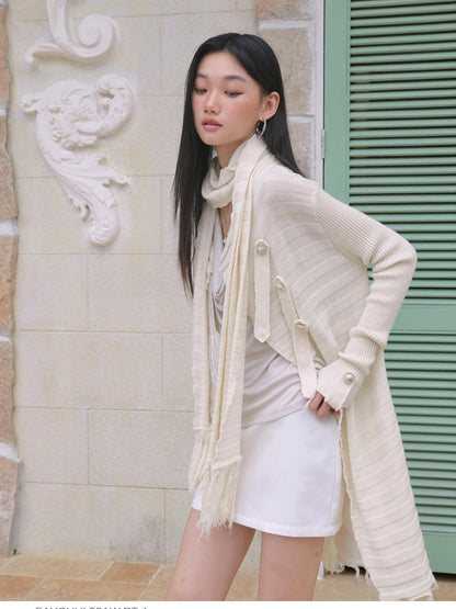 FayChui Fringe Knit V-neck Long Sleeve Women&