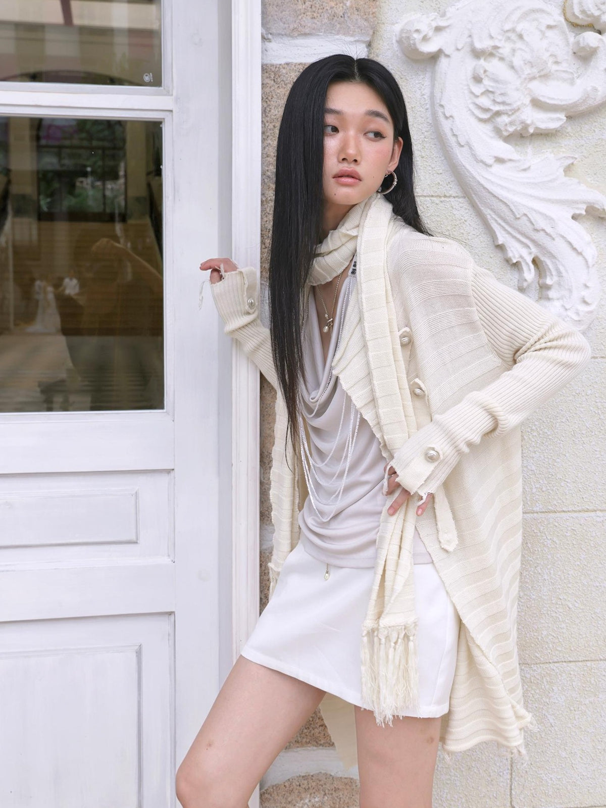 FayChui Fringe Knit V-neck Long Sleeve Women&