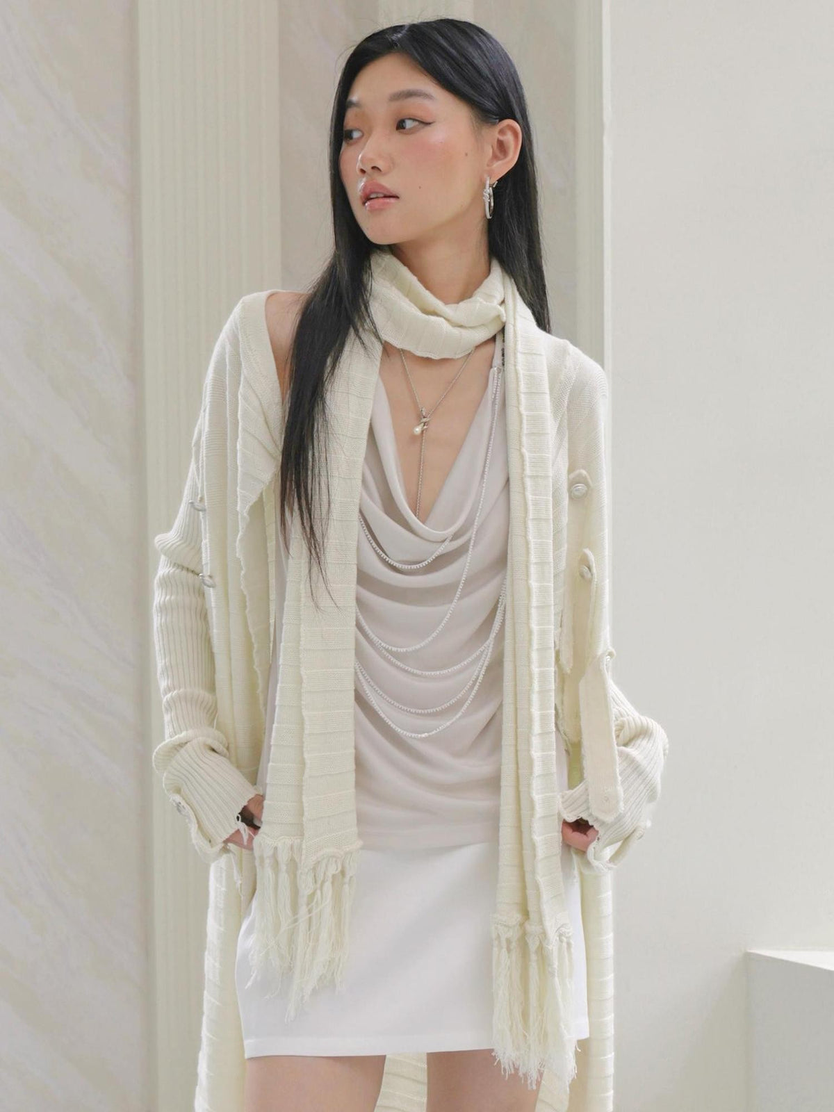 FayChui Fringed Knit Rectangular Solid Women&