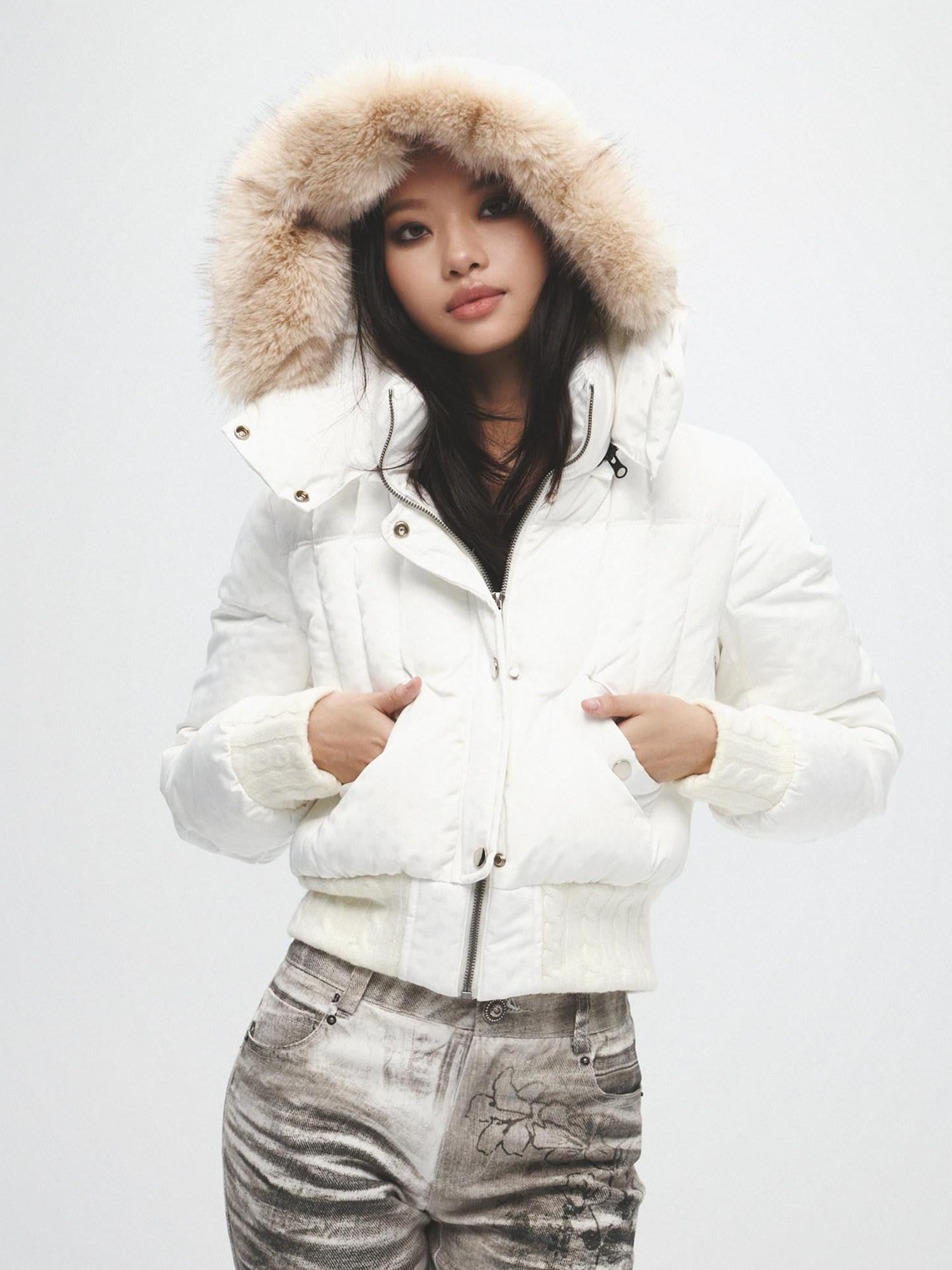 FayChui Fur Collar Cinched Waist Hooded 600fp White Duck Down Women&