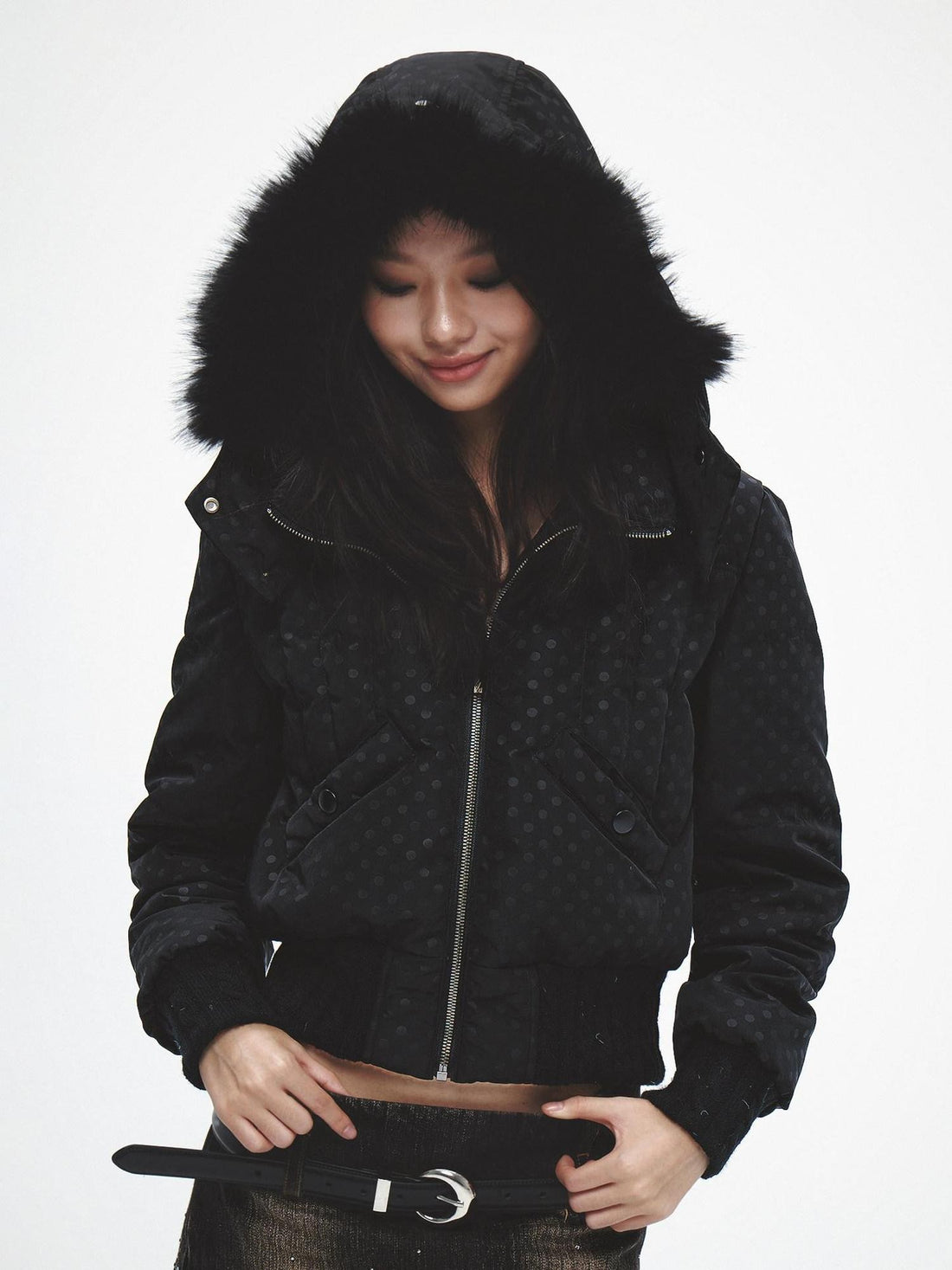 FayChui Fur Collar Cinched Waist Hooded 600fp White Duck Down Women&