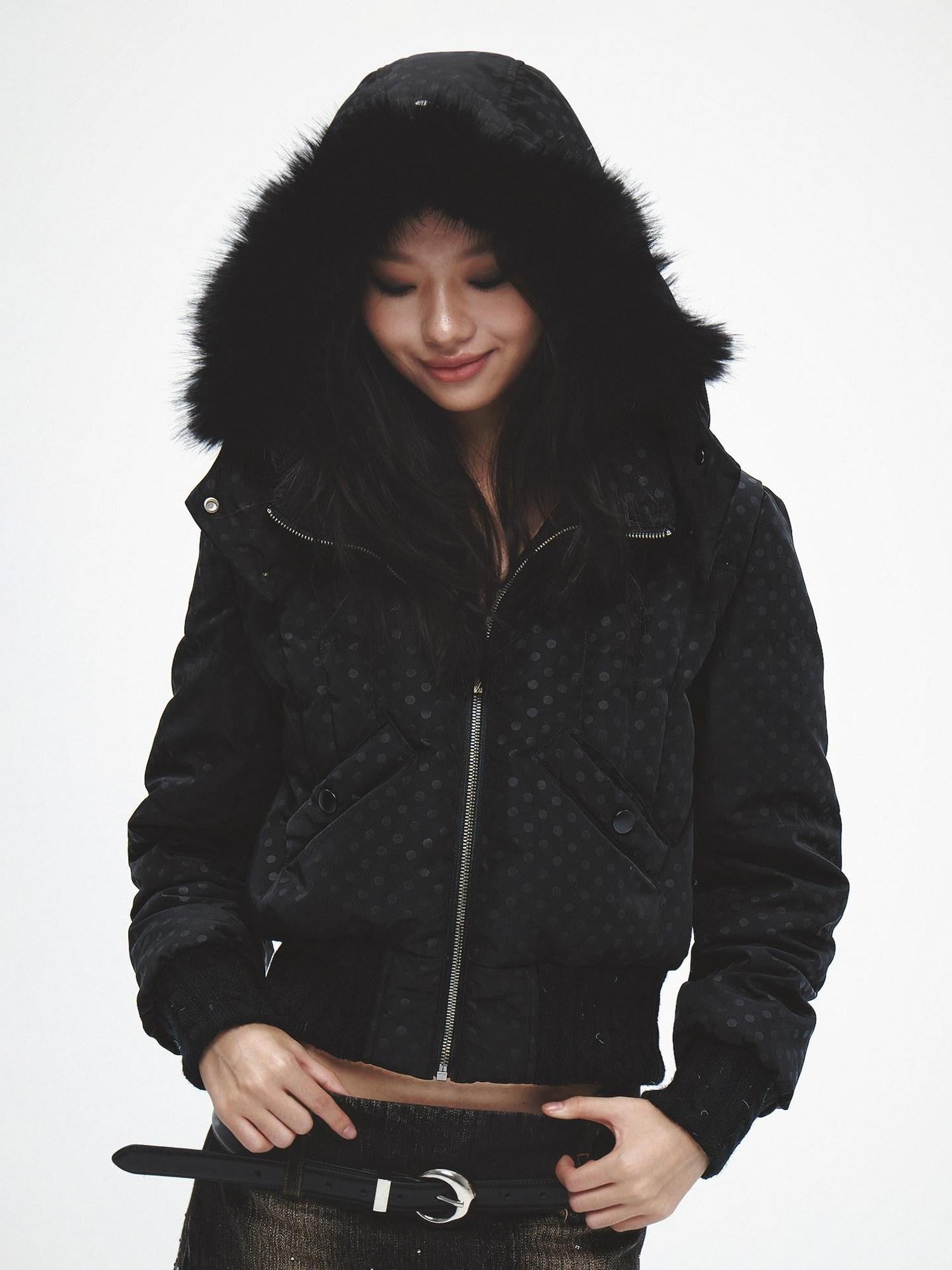 FayChui Fur Collar Cinched Waist Hooded 600fp White Duck Down Women&