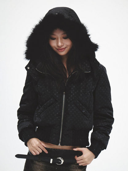 FayChui Fur Collar Cinched Waist Hooded 600fp White Duck Down Women&