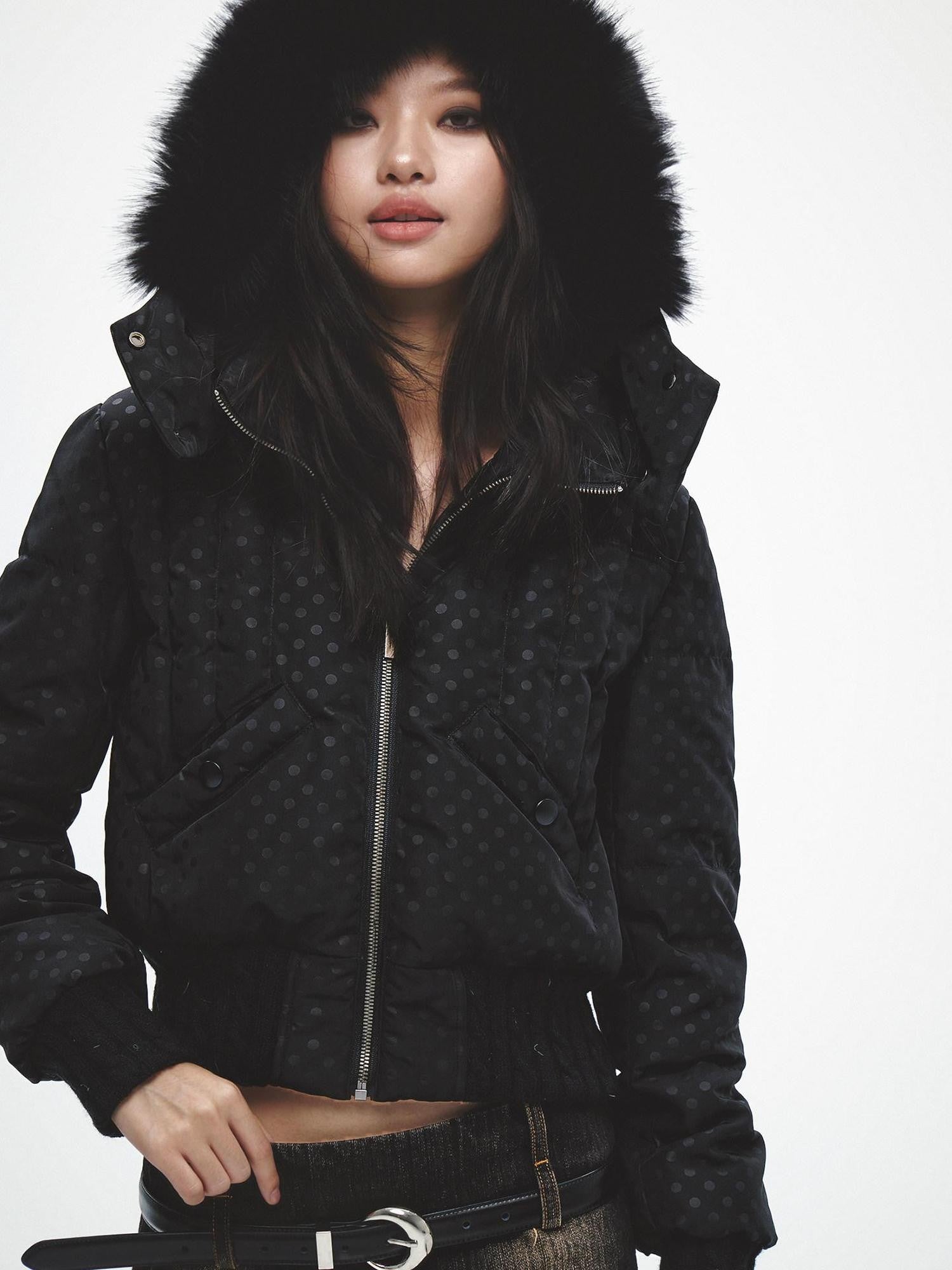 FayChui Fur Collar Cinched Waist Hooded 600fp White Duck Down Women&