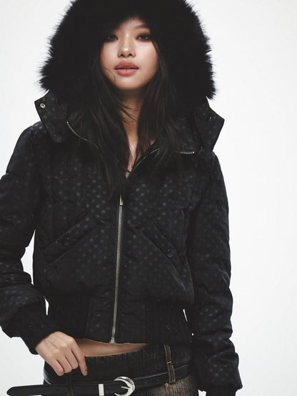 FayChui Fur Collar Cinched Waist Hooded 600fp White Duck Down Women&