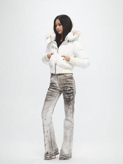 FayChui Fur Collar Cinched Waist Hooded 600fp White Duck Down Women&