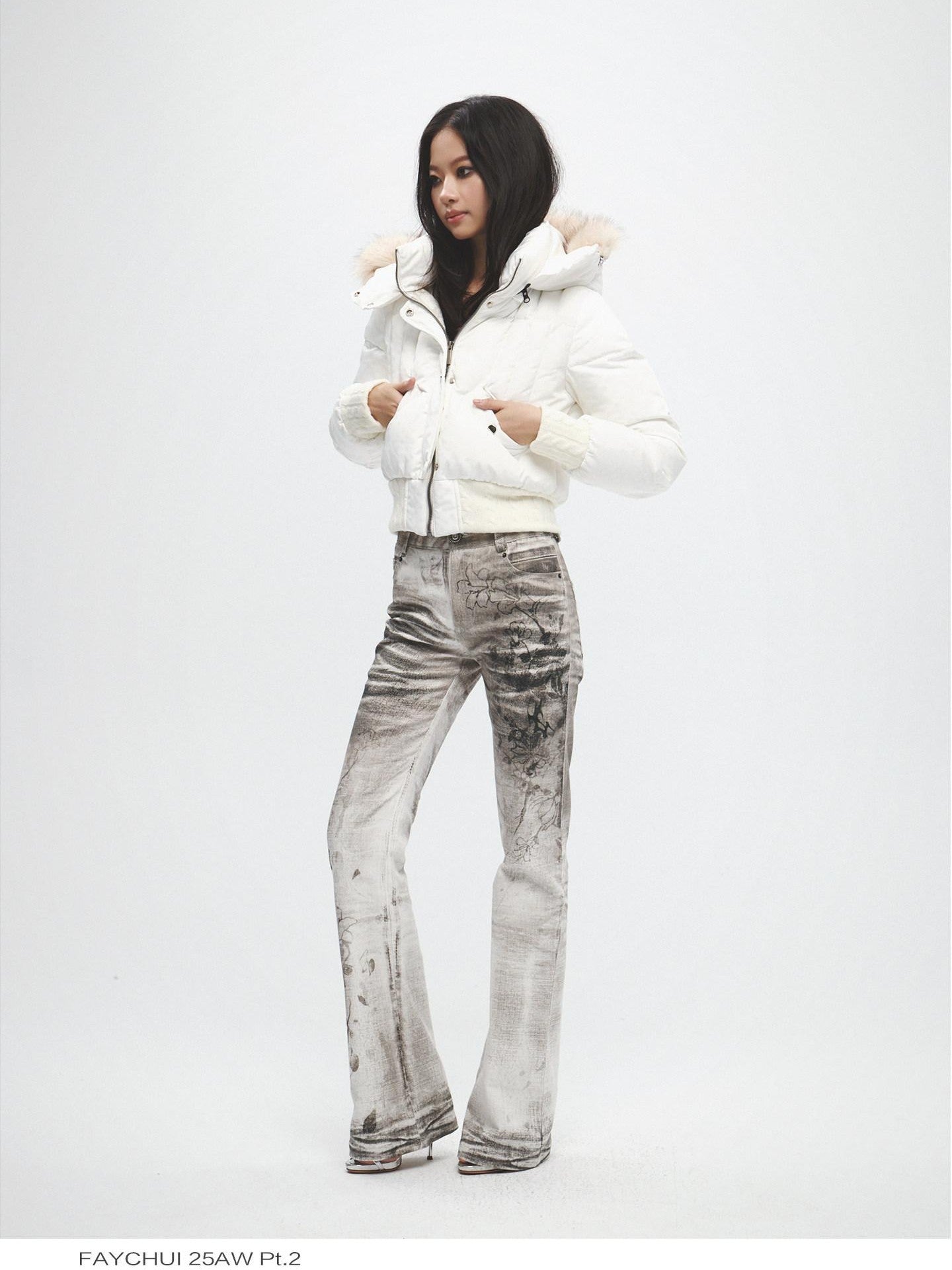 FayChui Fur Collar Cinched Waist Hooded 600fp White Duck Down Women&